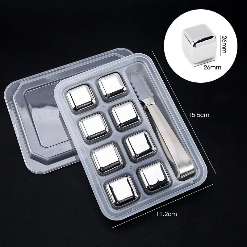 Stainless steel ice cubes, 8 pcs set with tongs