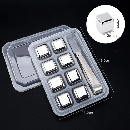Stainless steel ice cubes, 8 pcs set with tongs