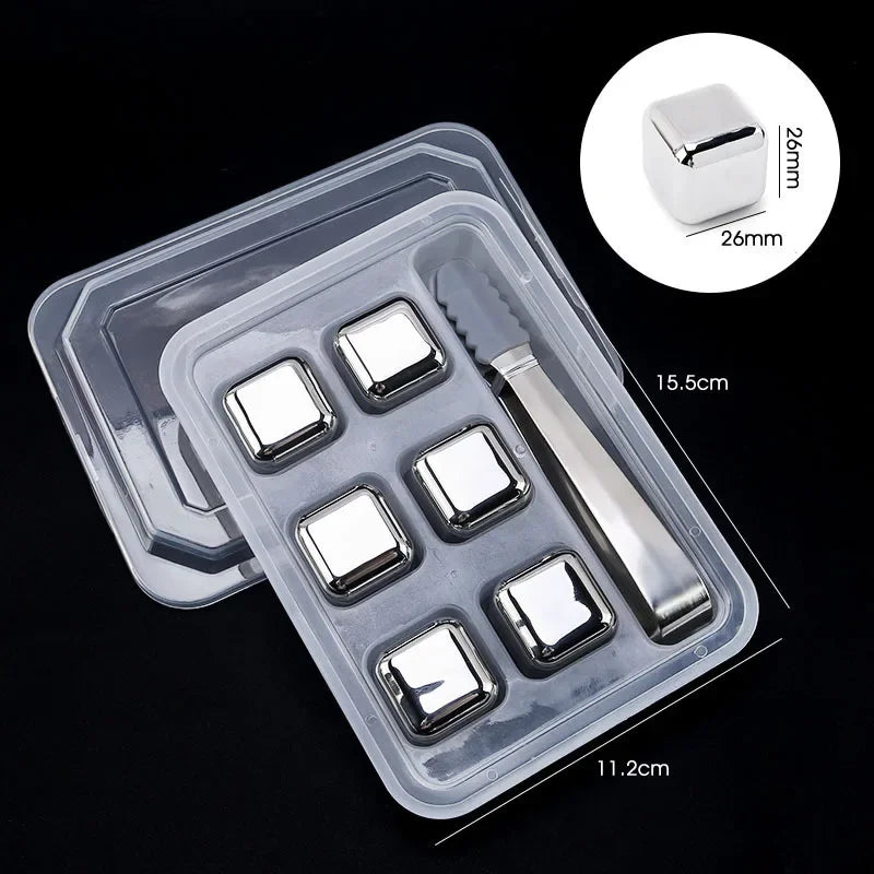 Stainless steel ice cubes, 6 pcs set with tongs